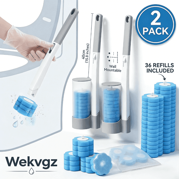 Wekvgz 2 pack Disposable Toilet Brush and Holder Set Extended Handle Toilet Bowl Cleaner Wands 36 Cleaner Refills for Bathroom Cleaning Bathtub
