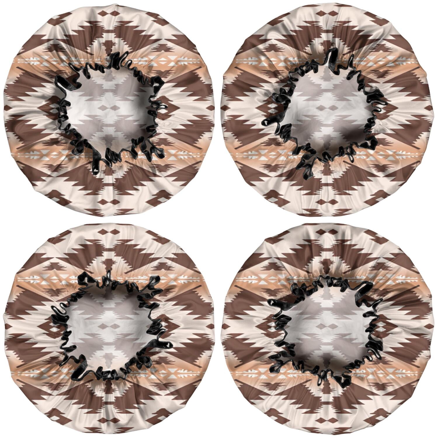 Shower Caps,Brown Geometric Boho Pattern Waterproof Shower Cap for Women 4 Pieces,Double Reusable Hair Cover for Shower PEVA Elastic Stretch Hem