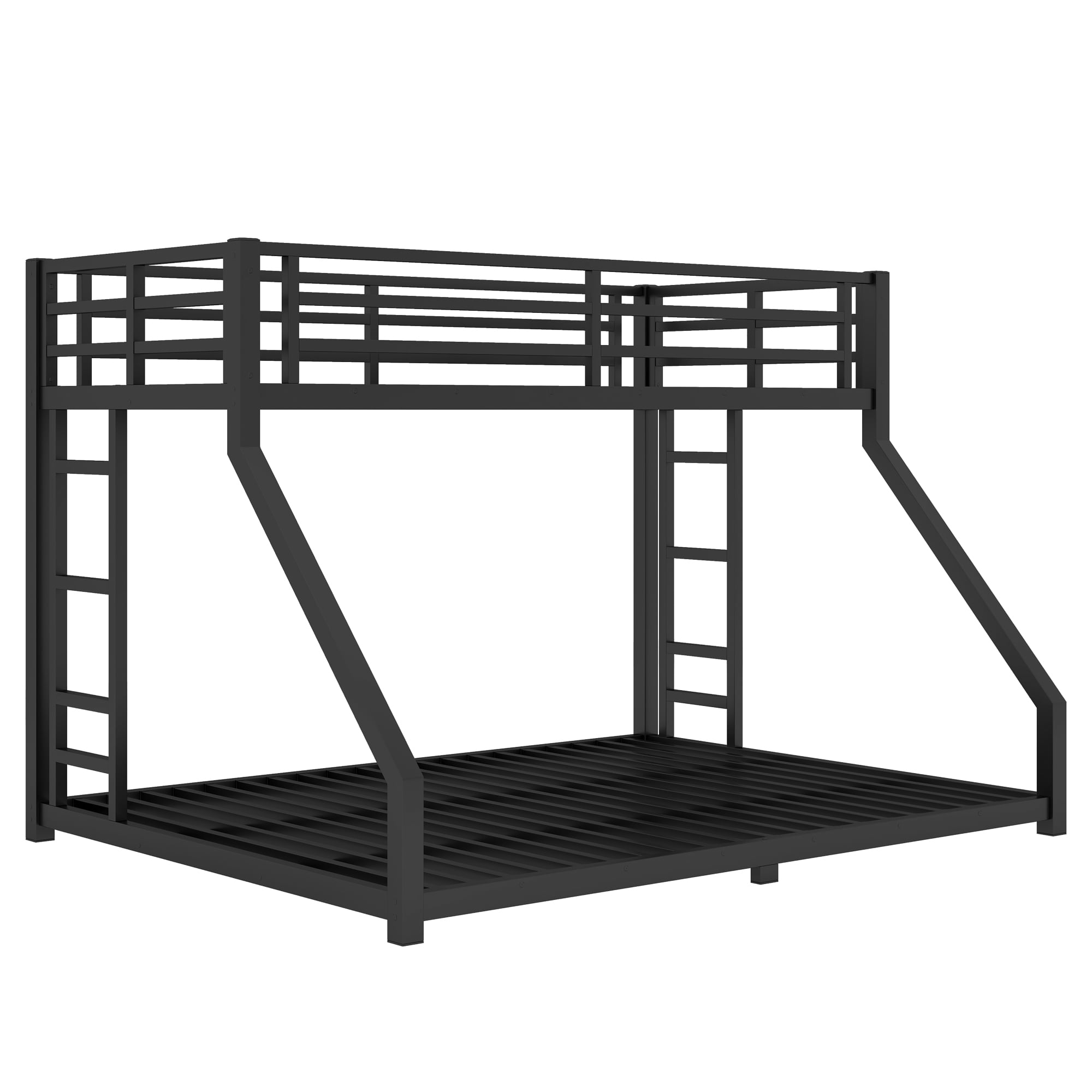 Twin XL Over Queen Bunk Bed for All Ages, Heavy Duty Metal Bunk Bed Frame with 2 Side Ladders & Safety Rails, Space-Saving, Multi-Functional, Black