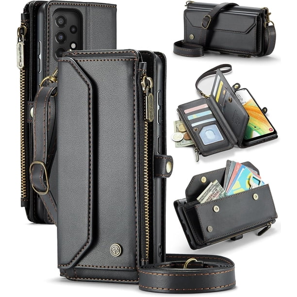 funda billetera para Samsung Galaxy A33 con Protección RFID, Ranuras para tarjetas, Pata de Cabra, Correa Desmontable-Funda para teléfono tipo Bandolera con tapa de Cuero PU a prueba
