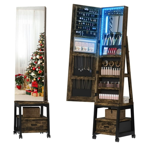 TROPOW 360° Swivel Jewelry Armoire with Lights, 66" H Full-Length Mirror Jewelry Armoire with Storage Shelf & Drawer, Floor Standing Jewelry Organizer Cabinet with Wheels,Brown