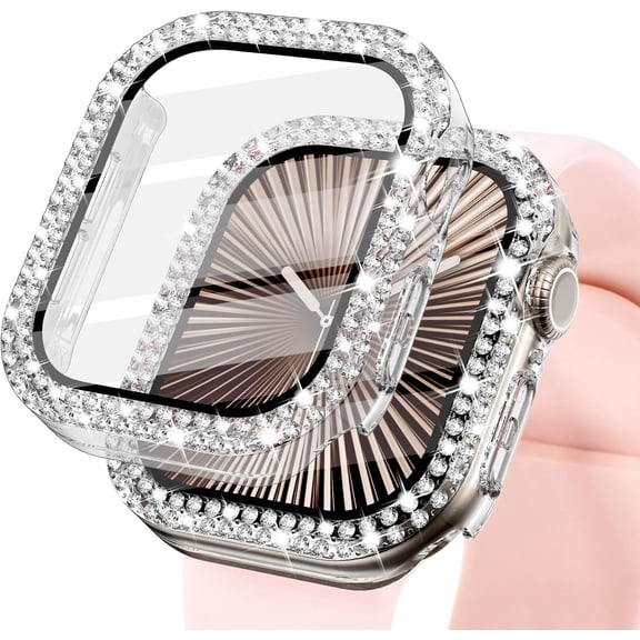 Bling Rhinestone Hard PC Case with Built‑in Screen Protector for Apple Watch 44mm, Scratch‑Resistant Sensitive‑Touch Decorative iWatch Protective Cover for Women