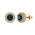 thumbnail image 2 of 1.18Ct Round Cut Halo Studs Blue Sapphire 18K Yellow Solid Solid Gold Everyday Dainty Earrings Screw Back, 2 of 7