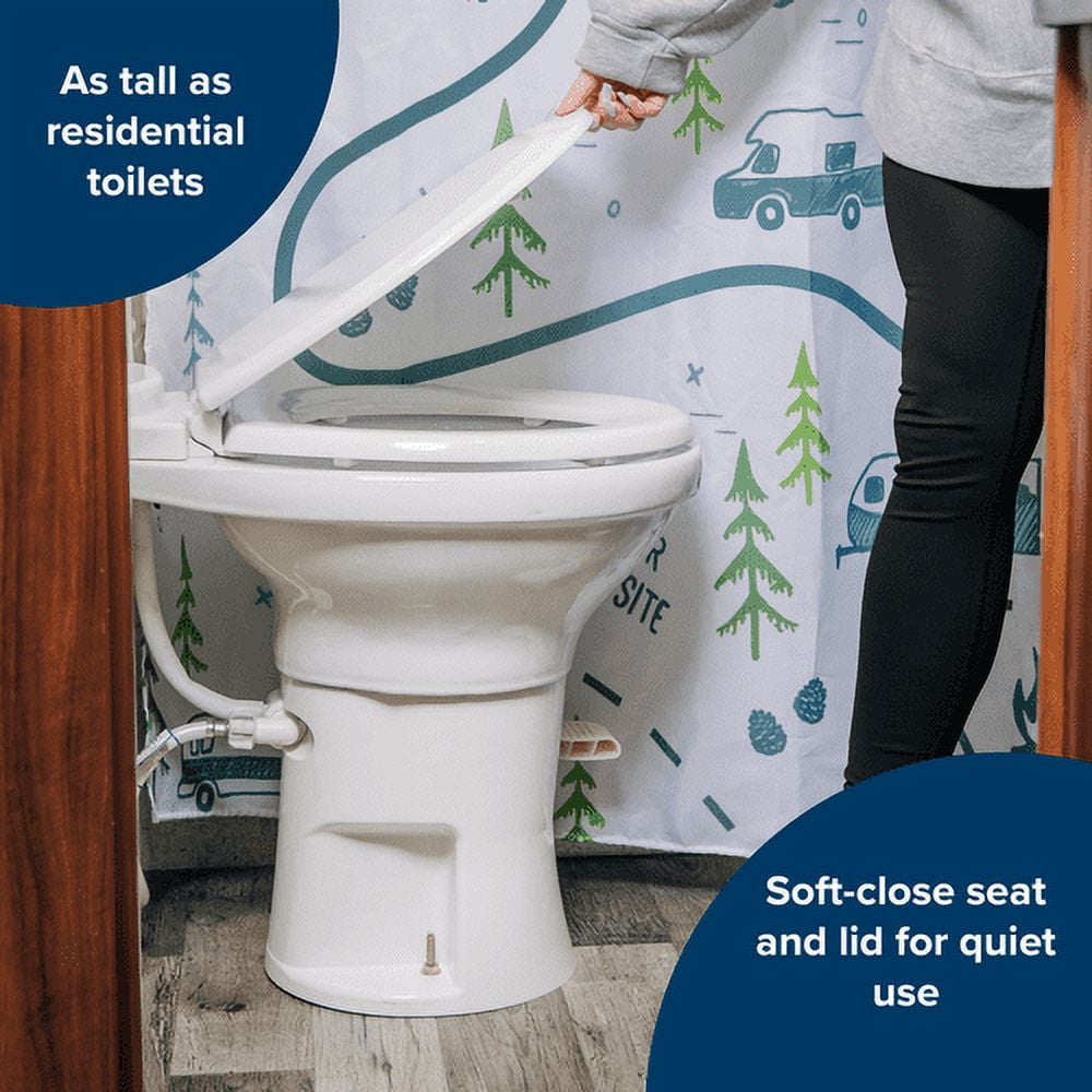 Camco Premium Ceramic Camper/RV Toilet | Features a Gravity Flush System with Convenient Foot Pedal & Full-Sized Ergonomic Design with 18-In Chair Height | Includes Soft-Close Wood Seat & Lid (41710)