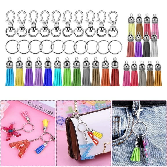 150-Pc Keychain Making Supplies Kit - 50 Swivel Hooks, 50 Key Rings & 50 Leather Tassels in 25 Colors