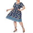 thumbnail image 2 of GRACE & GRANDEUR Women's Plus Size V Neck Flare Short Sleeves Floral Boho Midi Summer Dresses 2X Dark Blue, 2 of 5