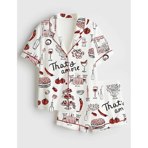 Women’s Italian Food Satin Pajama Set, Hand Drawn Whimsical Italy Print Sleepwear, Short Sleeve Pajamas Gift for Her