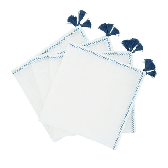 Linen Napkins With Navy Tassels, Set of 4