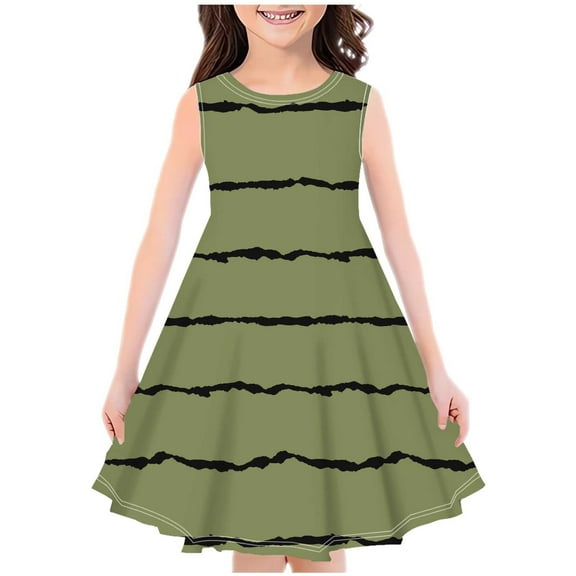 Zwiiyzr 4-14Y Little Girls Summer Dress Striped Sleeveless Swing Sundress Kids Casual Floral A-Line Dress Olive Green