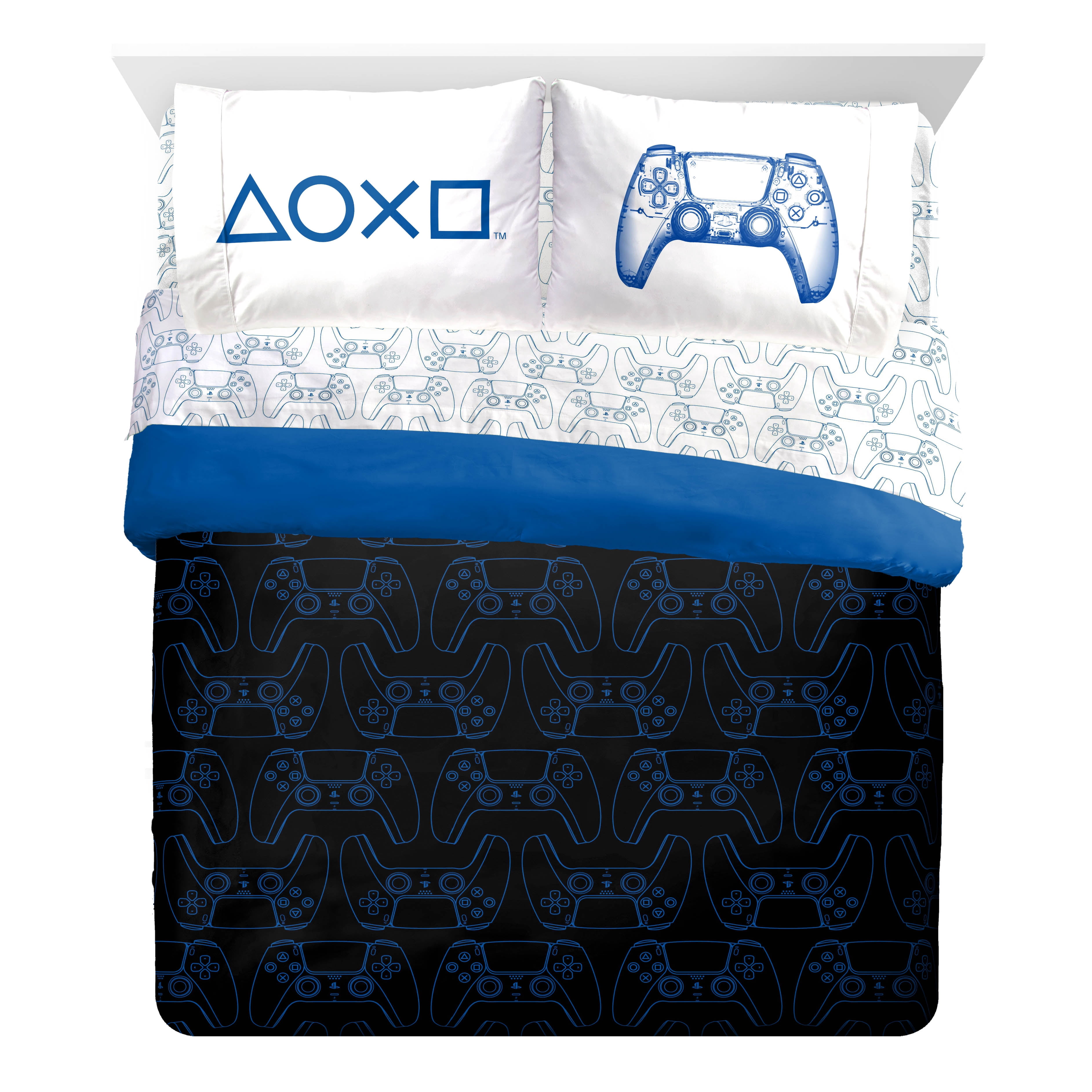 Sony PlayStation Blue & Black 7 Piece Full Bed Set w/ Sham , 100% Microfiber