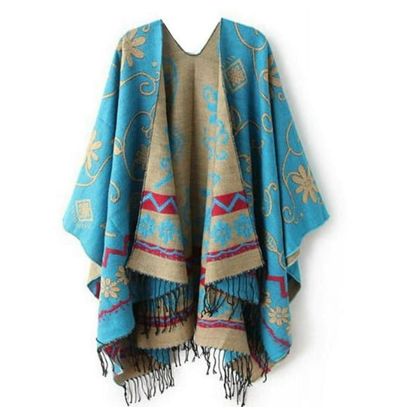 GDREDA Versatile Women's Shawl Winter Sweater Poncho Cardigans Knitted Capes for Cozy Styling Blue,One Size