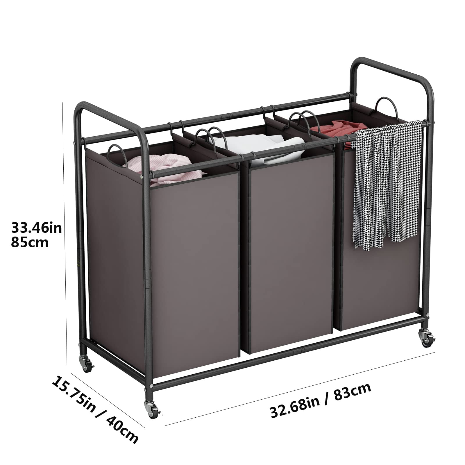 SUOERNUO 3-Bag Laundry Sorter Cart with Wheels – Heavy Duty Rolling Hamper with Removable Bags for Laundry Room Organization (Brown)