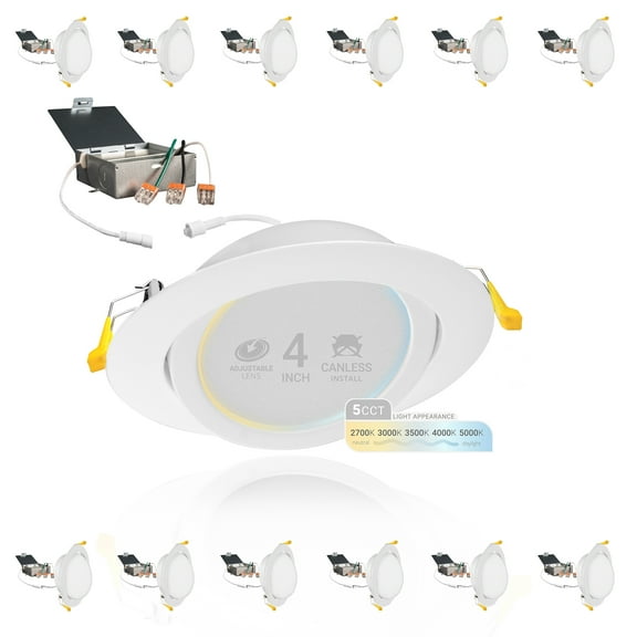NuWatt 4'' Ultra Slim Adjustable Gimbal LED Canless Recessed Downlight, 5CCT Selectable, ETL, 12PK