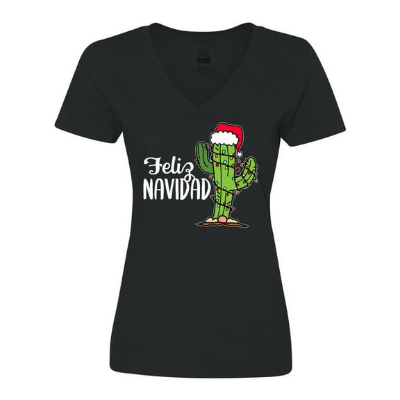 Inktastic Feliz Navidad Christmas Cactus in Santa Hat Women's V-Neck T-Shirt