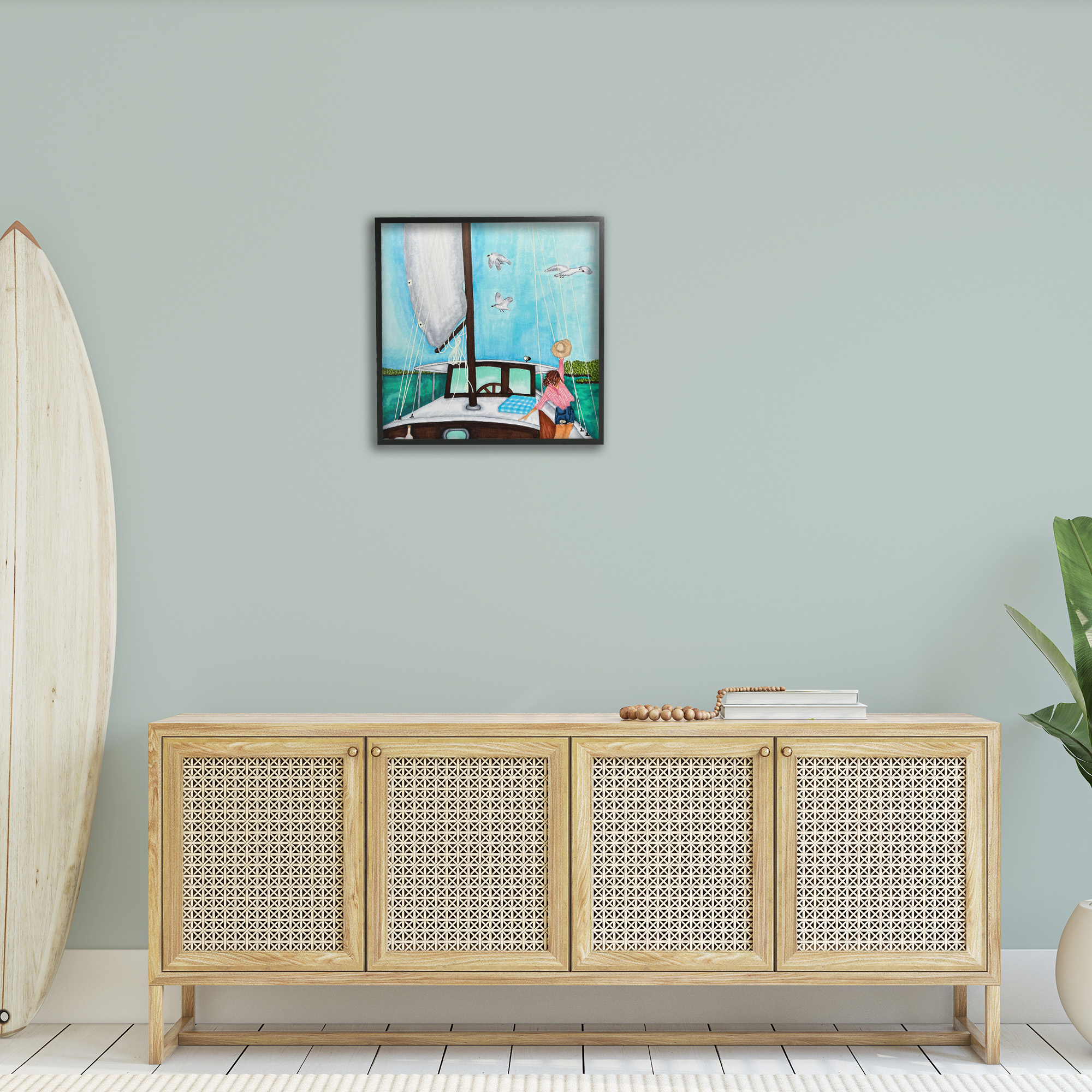 Stupell Industries Girl on Boat Scene Transportation Painting Black Framed Art Print Wall Art, 24 x 24