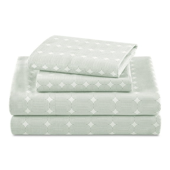 Beautiful Geometric 4-Piece 100% Cotton Washed Percale Sage Green Sheet Set, Queen by Drew Barrymore