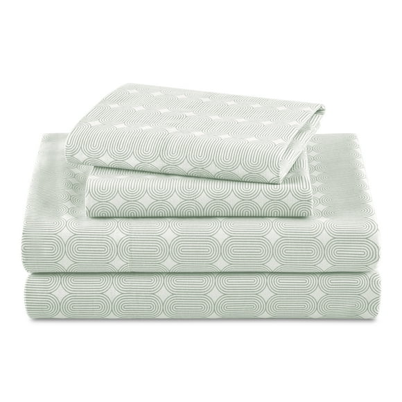 Beautiful Geometric 4-Piece Percale Sage Green Sheet Set, Queen by Drew Barrymore