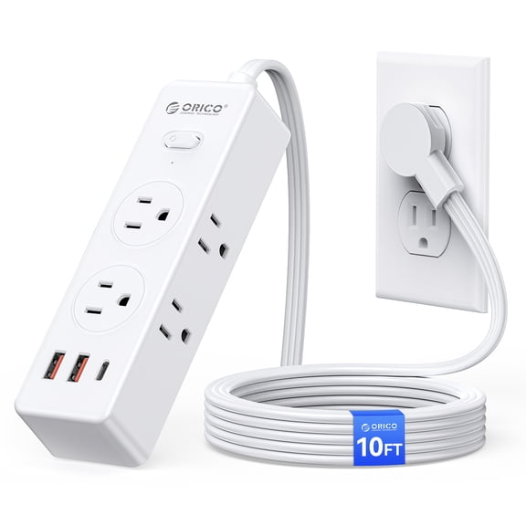 ORICO 9-in-1 Power Strip - 6 AC Outlets 3 USB A Ports(1 USB C), 3 Sided Outlet Extender, 45° Ultra-Thin Plug, 10FT Extension Cord for Home, Office, Travel, College Dorm - PSS