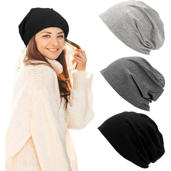 shiyou-Slouch Beanies for Women, 3-Pack Soft Lightweight Cotton Slouchy Skull Cap Toques, Running Hats Sleeping Cap Chemo Headwear for Women Men