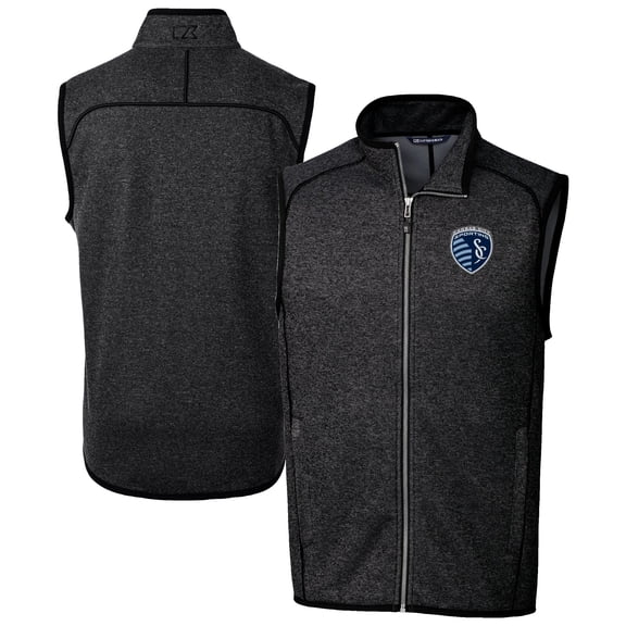 Men's-Cutter & Buck  Heather Charcoal Sporting Kansas City Big & Tall Mainsail Sweater-Knit Full-Zip Vest