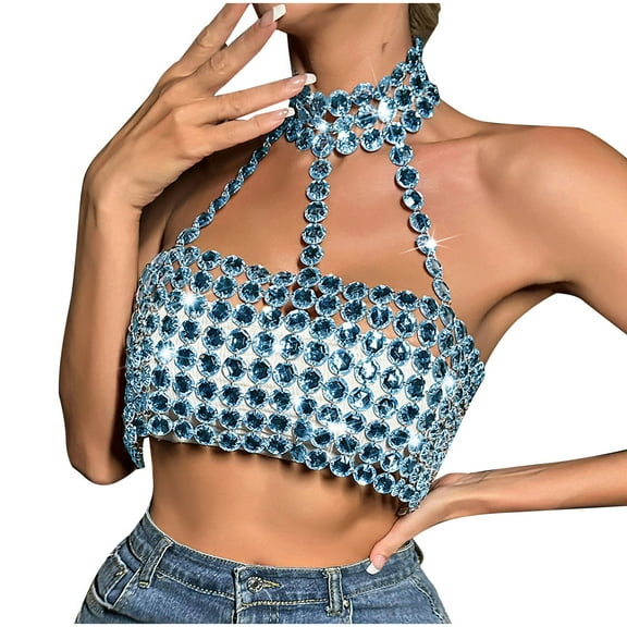 STETMN Womens Sequin Bralette Sparkle Crystal Rhinestone Chain Crop Top Sequin Club Party Nightclub Outfit