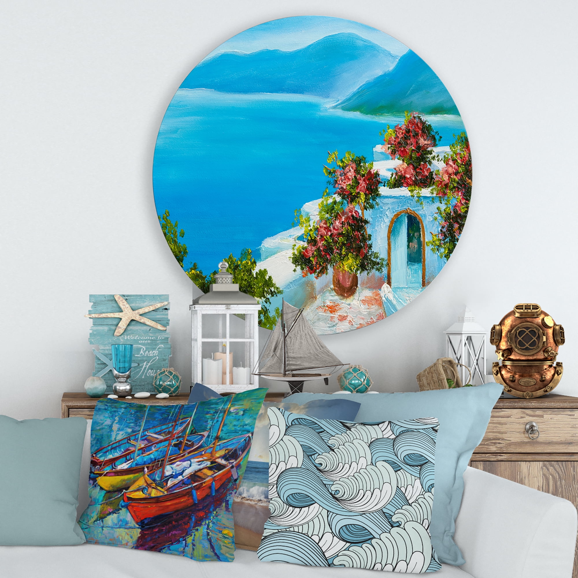 Designart 'House With Colorful Flowers Near The Sea I' Nautical & Coastal Circle Metal Wall Art 36x36 - Disc of 36