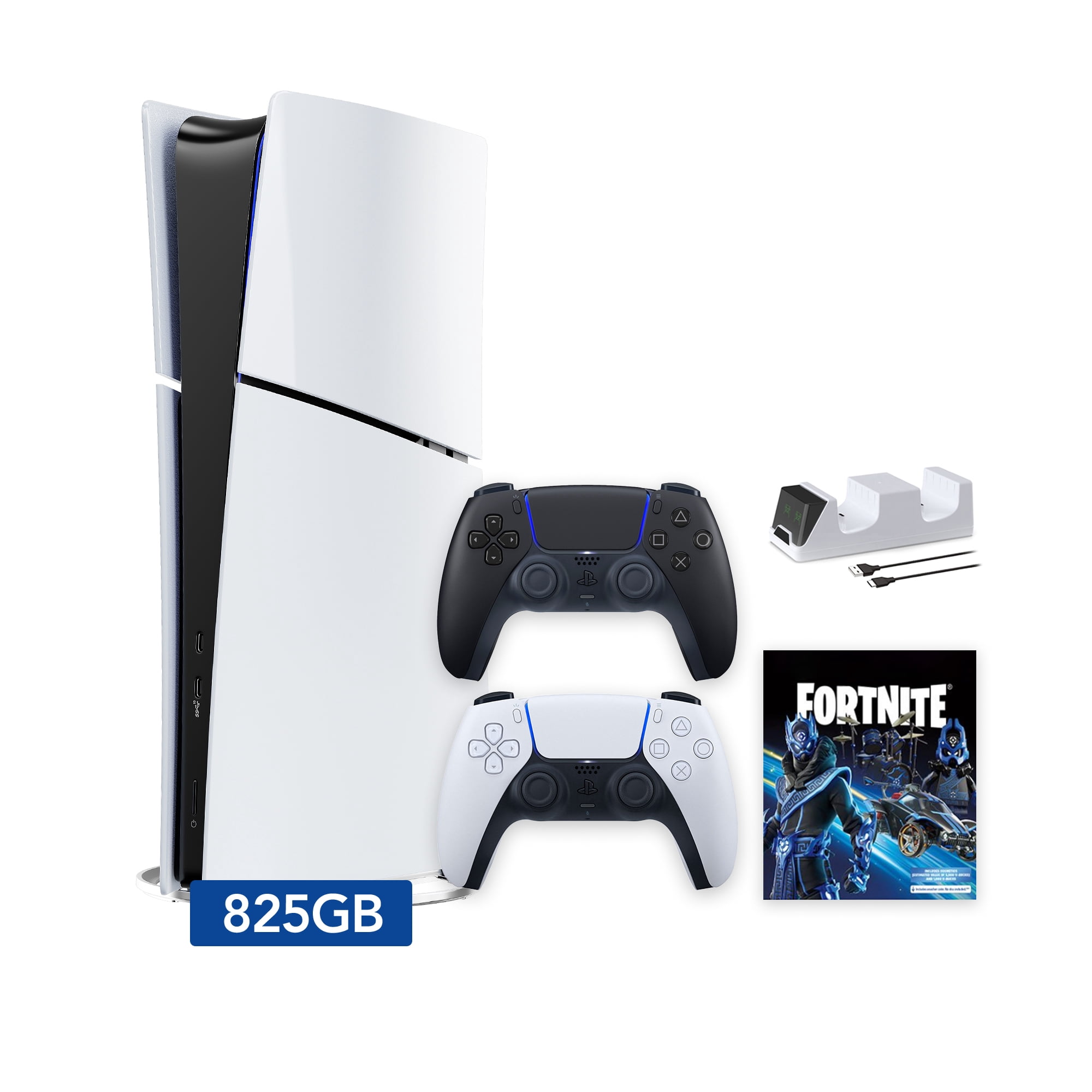 PlayStation 5 Slim Digital 825GB SSD Fortnite Cobalt Star Console with Two Controllers, White and Midnight Black DualSense and Dual Controller Charger - PS5 Slim Digital Console