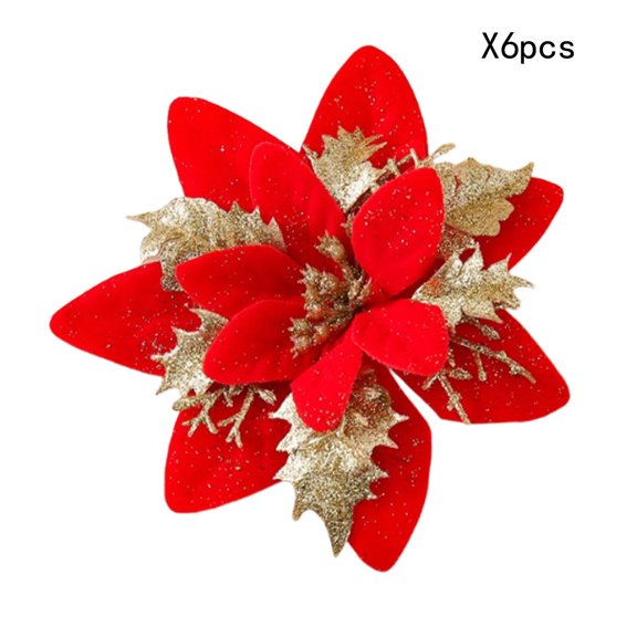 Summercome 6 Pcs Glitter Poinsettia 5.5" Artificial Flowers Christmas with Clips Stems, Xmas New Year Tree Ornaments for Wedding Party Wreath Decoration (Red and Silver)