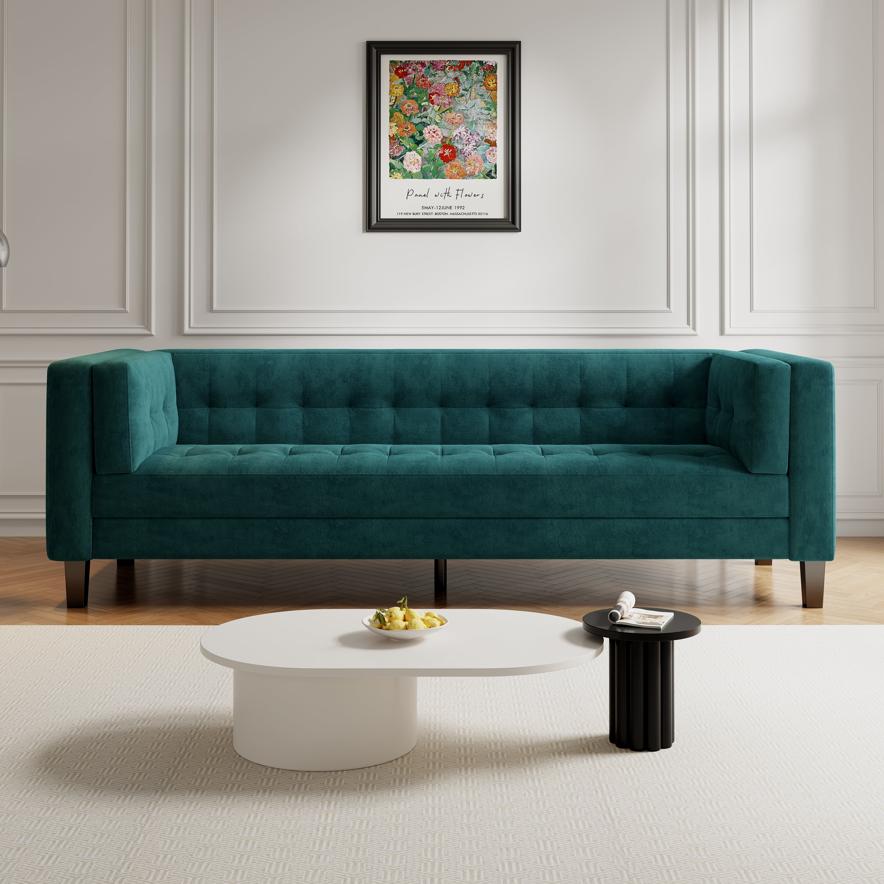 Miniyam Classic Sofa Solid Print Velvet Tufted Coach for Indoor, Green