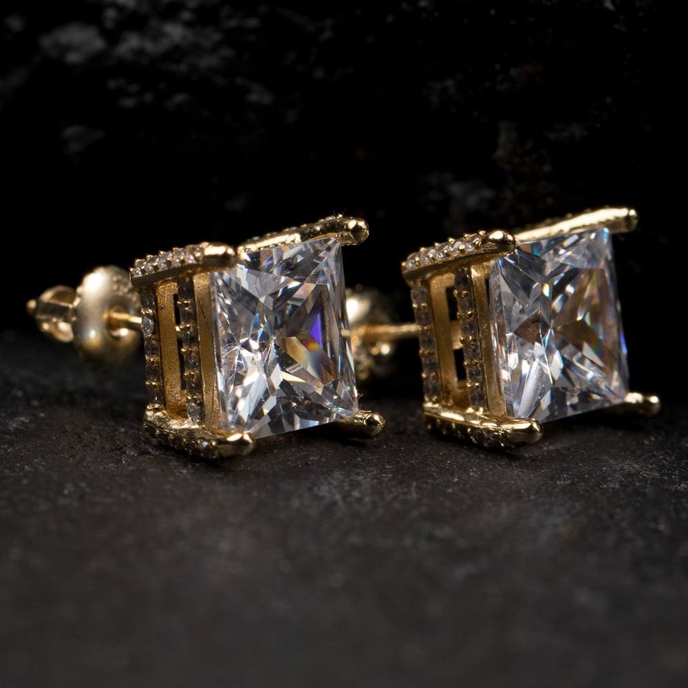 Men's Large Square Yellow Gold Plated 925 Sterling Silver 3D Unisex Iced 5A Cz Micro Pave Big Square Shape Princess Cut Hip Hop Screw Back Stud Earrings Jewelry Gifts For Men Women