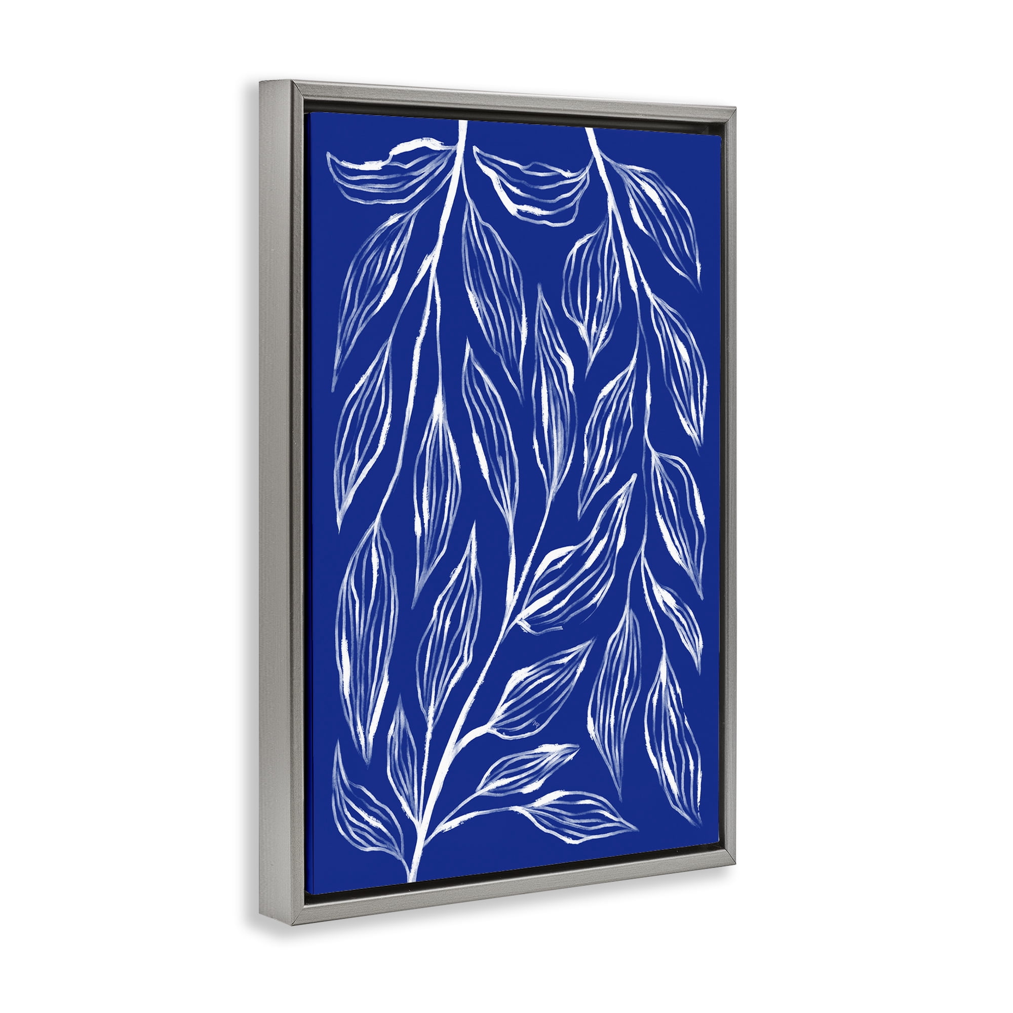 Stupell Industries Blue Leaves & Grasses Plants & Flowers Painting Gray Floater Framed Canvas Art Print Wall Art, 21 x 31