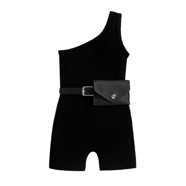 Gibobby Mono Ajustado de Verano sin mangas para niñas pequeñas, mono acanalado liso con hombros descubiertos, cinturón, riñonera, trajes(Negro, 4-5 Años)