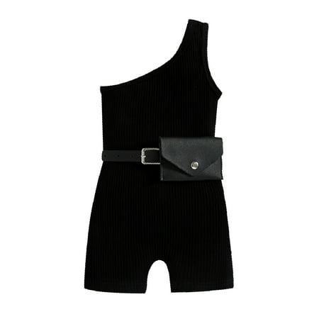 

Baby Girl Clothes Toddler Sleeveless Romper Solid Ribbed Off Shoulder Jumpsuit Belt Waist Bag Boy Outfits