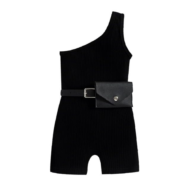 Gibobby Mono Ajustado de Verano sin mangas para niñas pequeñas, mono acanalado liso con hombros descubiertos, cinturón, riñonera, trajes(Negro, 2-3 Años)