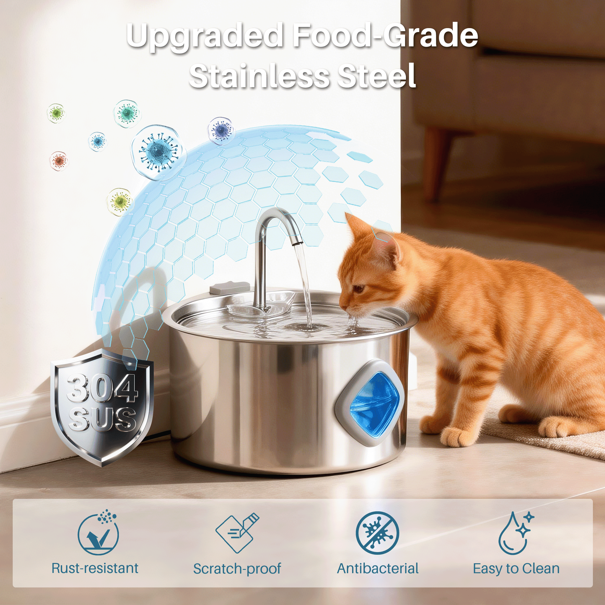 NIGHTEEN Water Fountain, 3.2L/108oz Automatic Pet Water Fountain Stainless Steel for Cats Dogs with Replacement Filters
