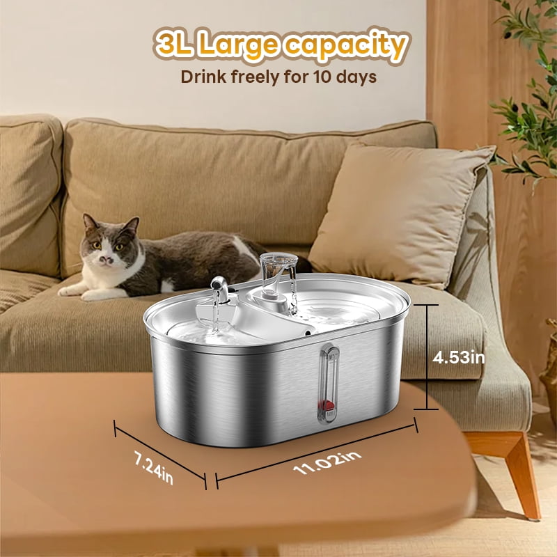 Cat Water Fountain Food Bowl Stainless Steel 2 in 1, 101oz/3L Automatic Pet Water Fountain, Dog Water Dispenser with Smart Pump 2 Filters for Cats, Dogs, Multiple Pets