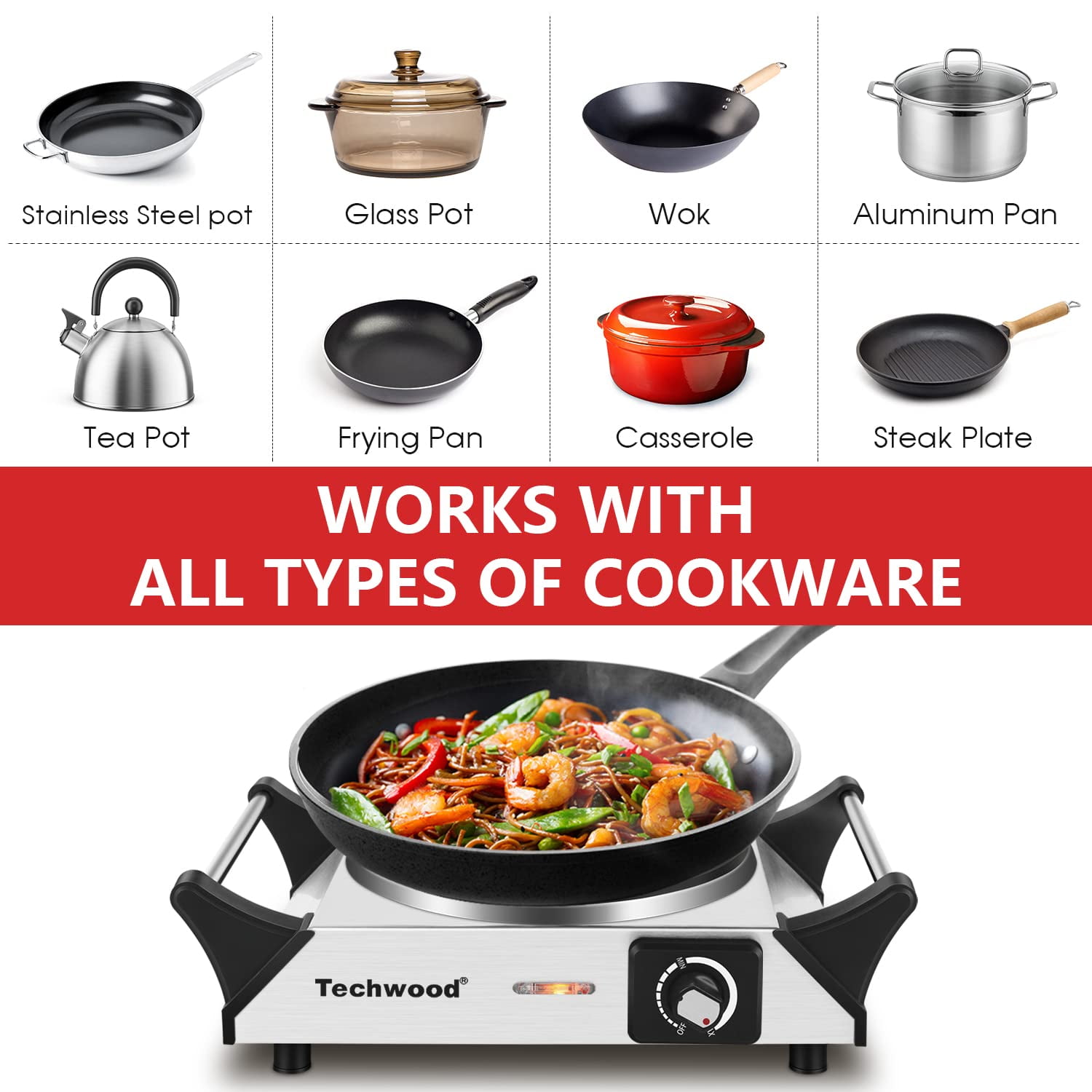 Techwood 1500W Portable Electric Hot Plate Single Burner 13.78 Inch Stainless Steel