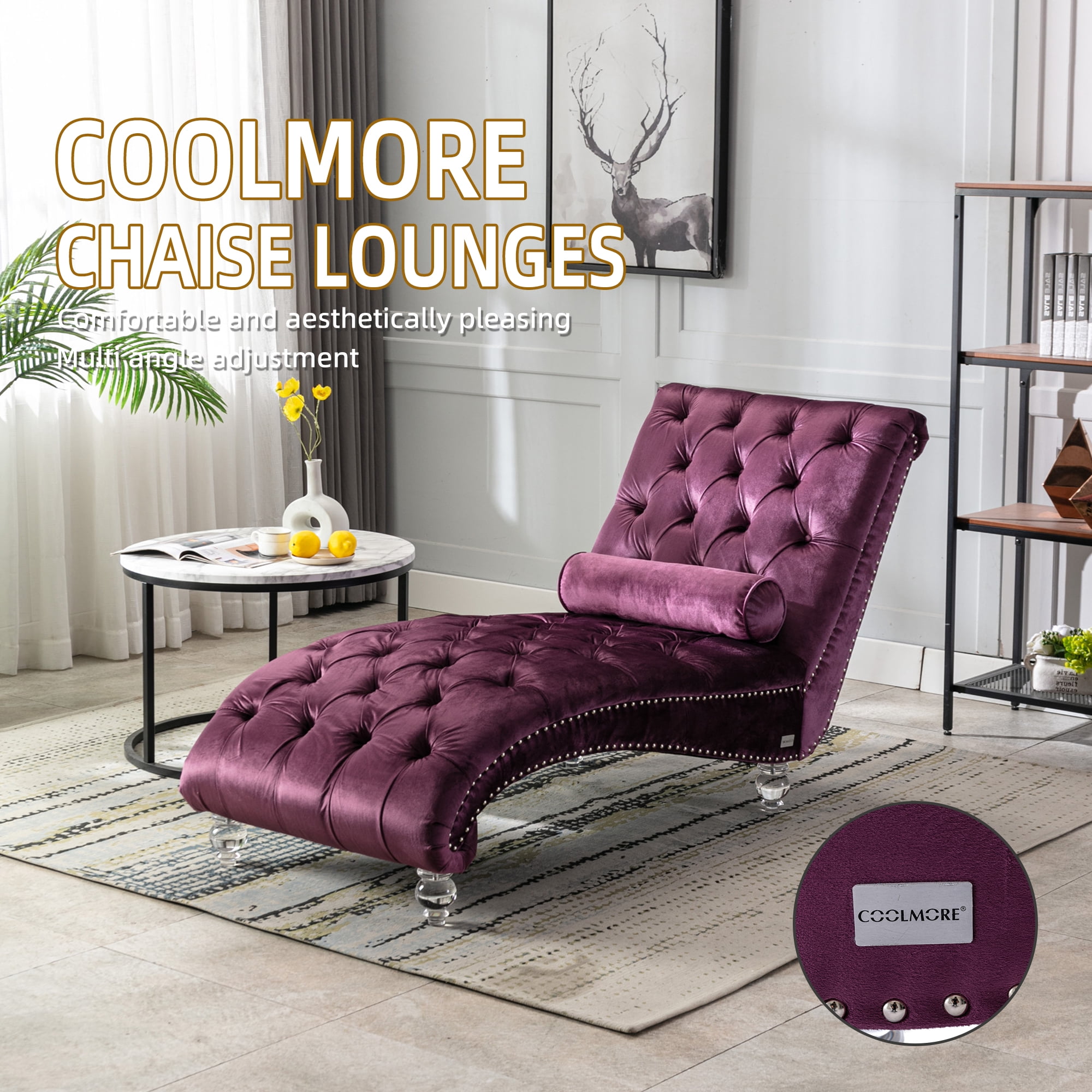 MOONMISS Velvet Chaise Lounge Chair Button Tufted Upholstered with Pillow Indoor