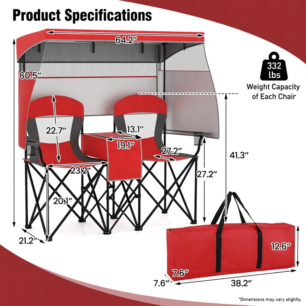 Hommoo Double Beach Chair with Adjustable UPF50+ Canopy, 3-Side Roll-Up Shade Curtains, Built-in Cooler Bag & Mesh Ventilation, Red
