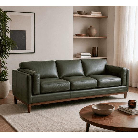 Raleigh Green 3-Seater Top-Grain Genuine Leather Sofa with Sustainable Wood and Walnut Legs
