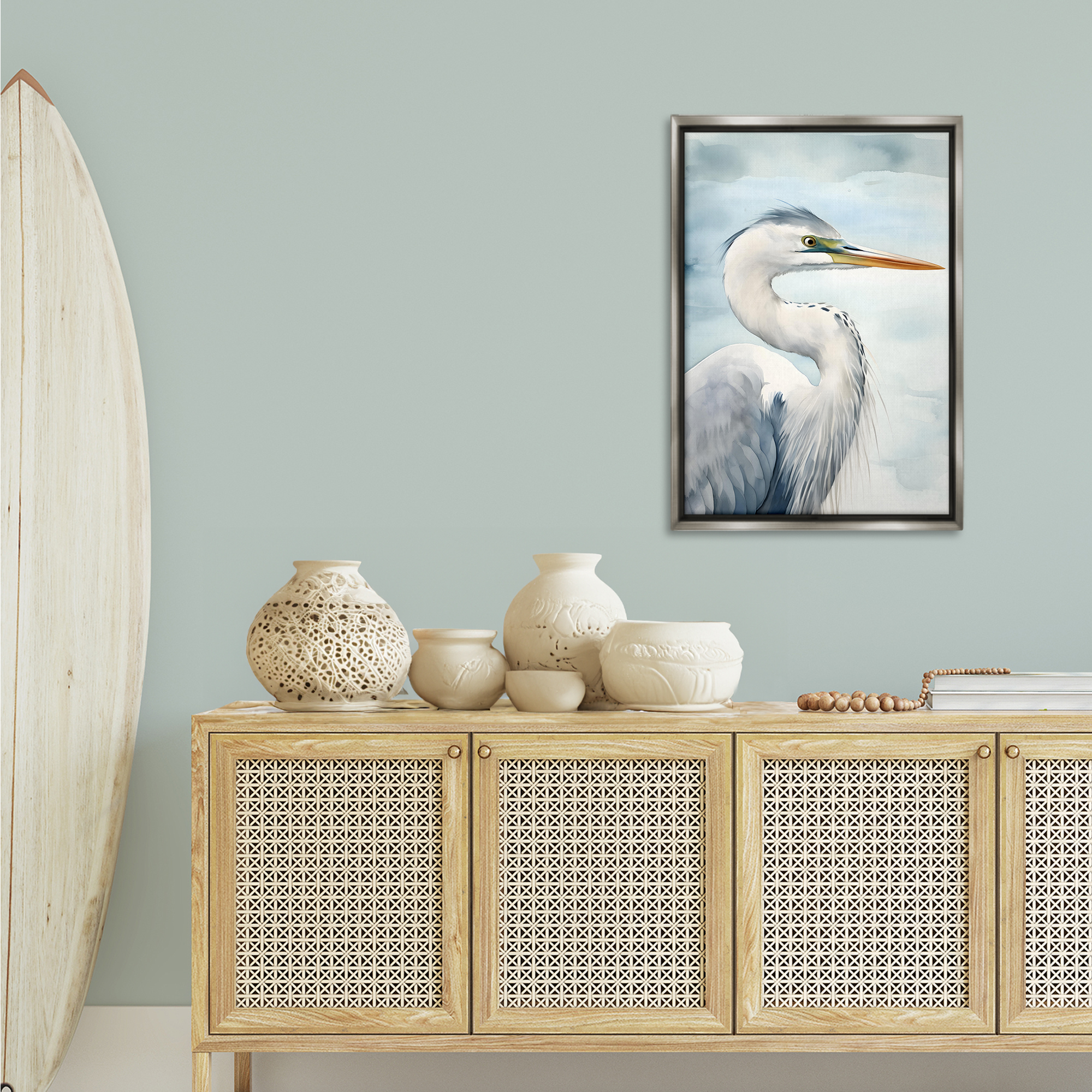 Stupell Industries Serene Beach Bird Animals & Insects Painting Gray Floater Framed Canvas Art Print Wall Art, 21 x 31