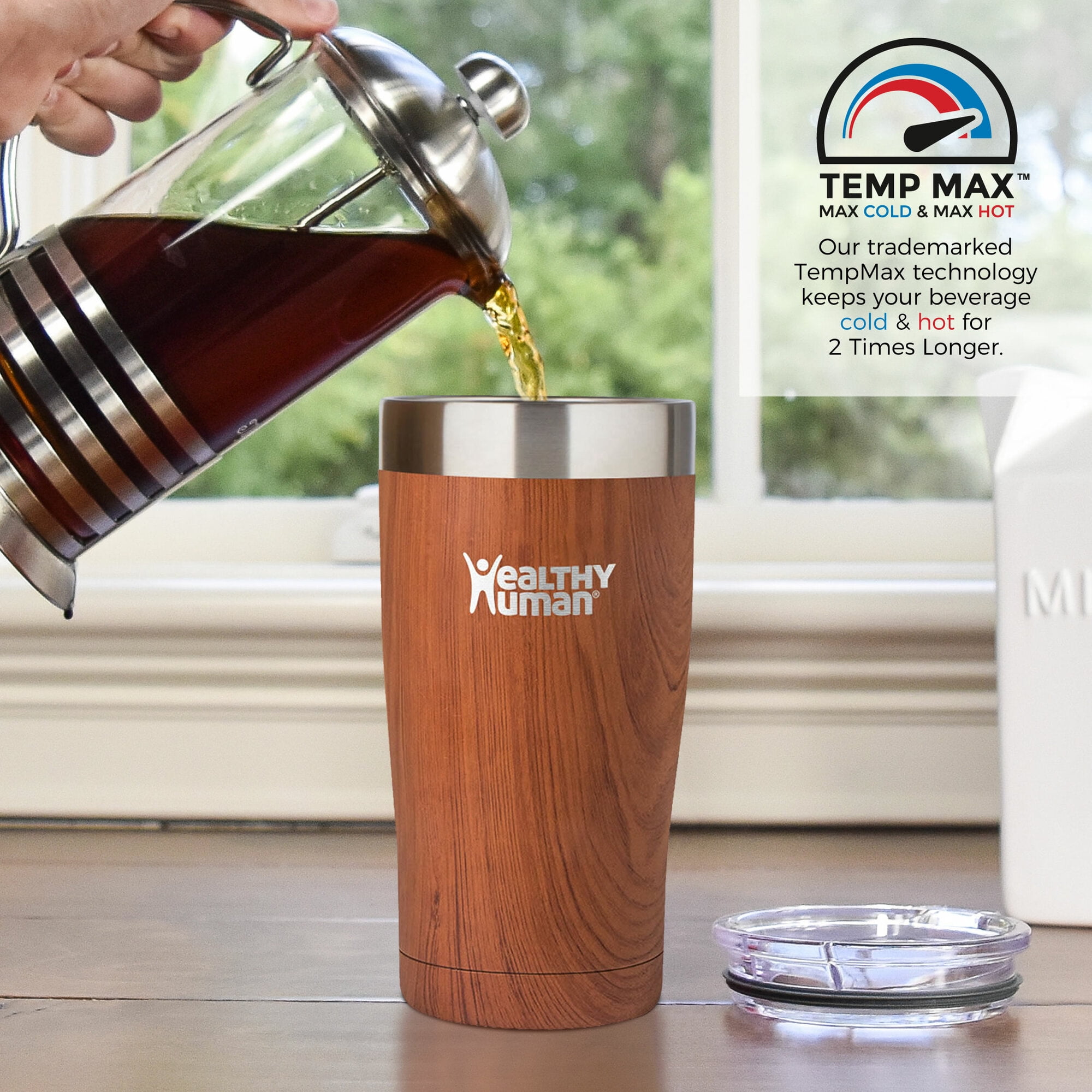 Healthy Human Stainless Steel Tumbler with Straw & Lid | Splash Proof Insulated Travel Cup | Eco-Friendly Coffee Tumblers | Water Cups with Straws Cleaner and Splash Proof Lids (20oz, Natural Wood)