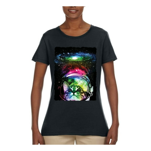 Trippy Neon Space Astronaut Lunar Cat | Womens Cat Lover Graphic T-Shirt, Black, Small