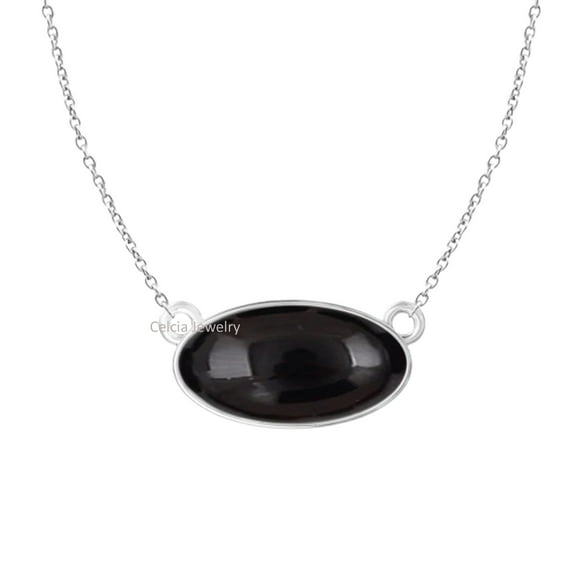 Solid 925 Sterling Silver Necklace For Women, Genuine Black Onyx Cabochon Oval Gemstone Unique Handcrafted Necklace Gift For Her