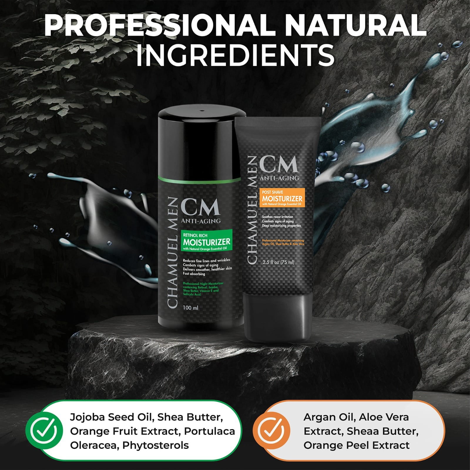 Chamuel Men 2-Piece Day and Night Skin Care Set Anti Aging Aftershave Lotion and Retinol-Rich Moisturizer