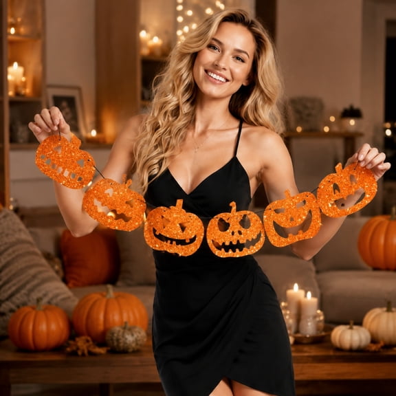 Halloween Outdoor Hanging Decorations, Halloween Pumpkin Decorations, Halloween Party Supplies, Happy Halloween Banner, Glittery Jack-O-Lantern Cutout Hanging Pumpkin Garland