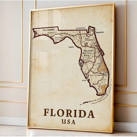 Vintage Florida Map Coastal Wall Art Poster Unframed Paper Print