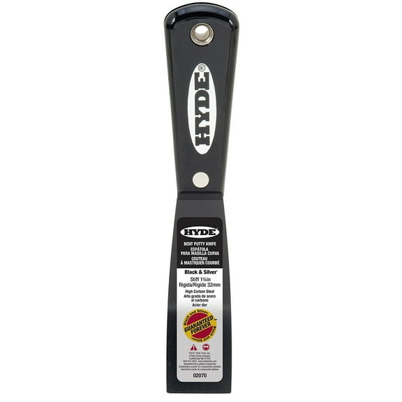 1-1/4" Hyde 02070 Black & Silver Carbon Steel Stiff Putty Knife with Bent Blade