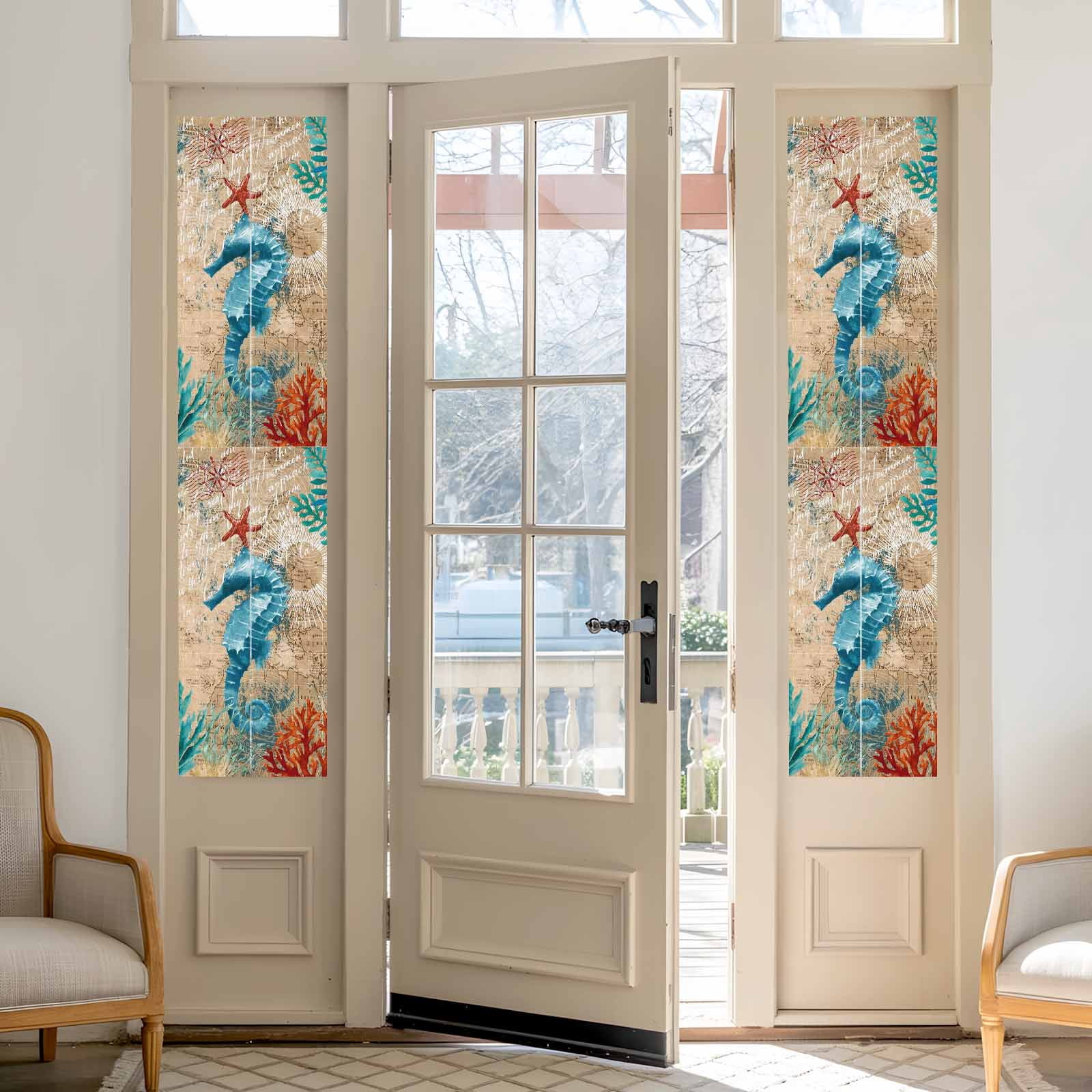 Nautical Marine Life Window Privacy Film, Hippocampus Starfish Coral Seaweed Blue Ocean Retro Frosted Glass Window Clings Static Cling UV Heat Blocking Reusable Sticker for Bedroom 23.6x78.7 Inch