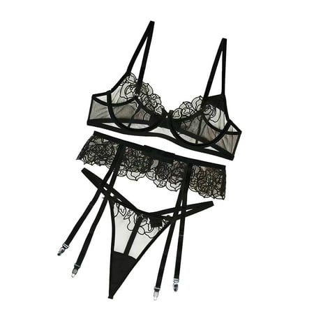 

Mesh Strap Garter Three Piece Set Silk Slip Dress M Lingerie Push up Tops